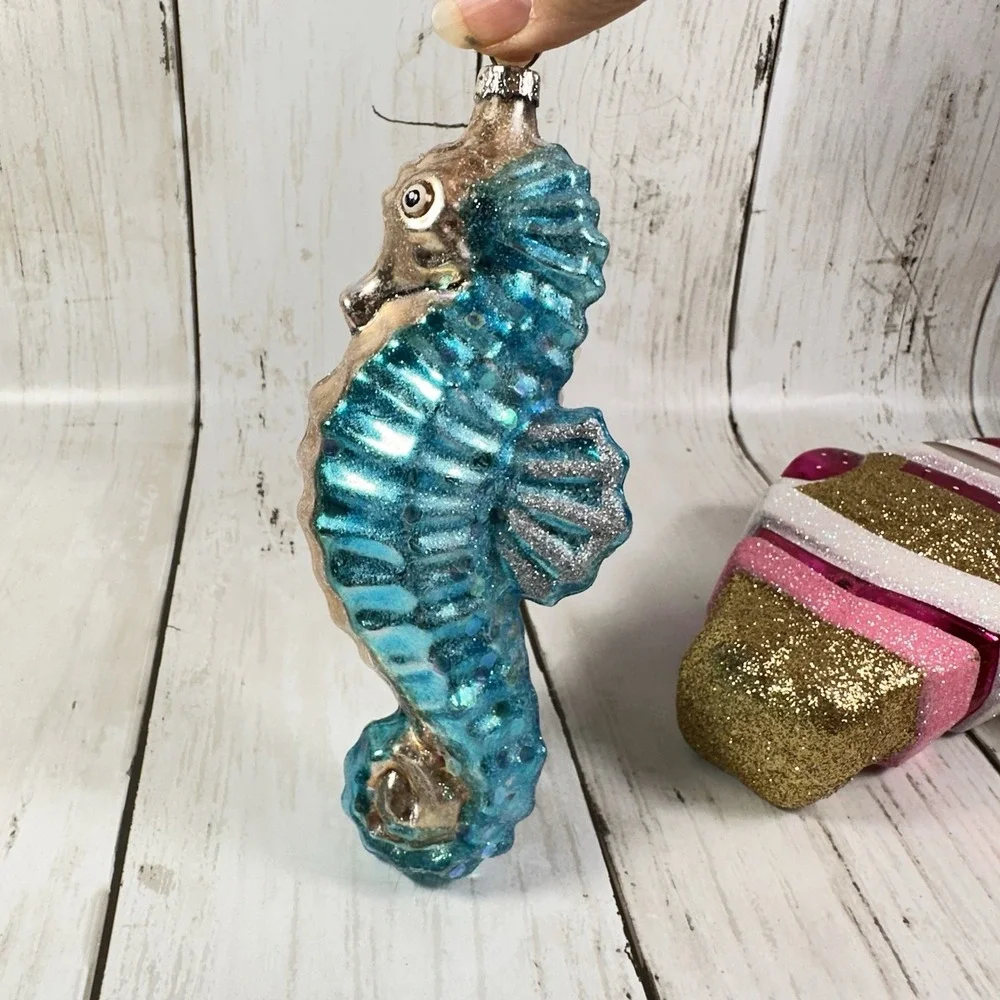 Christmas‎ Ornaments Lot Pink  Santa, Tree, Blue Seahorse, Large Indent Brown